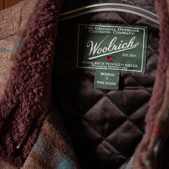 Woolrich Brown Plaid Boxy Jacket Soft Wool Blend with Sherpa Lined Collar - Picture 3 of 6